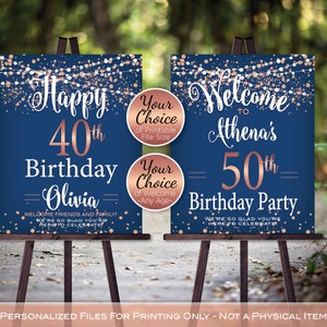 Birthday Welcome Sign Printables | Rose Gold Glitter Confetti | on Navy | 40th 50th 60th or Any Age | Personalized - DIGITAL PRINTABLE FILES