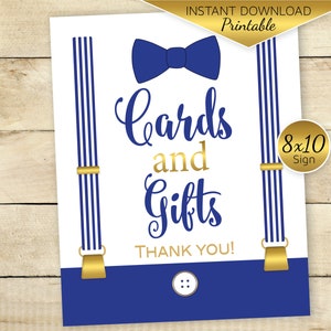 Cards and Gifts Little Man Baby Shower or Birthday Table Sign Printable | 8x10 | Royal Blue and Gold | Suspenders | DIGITAL INSTANT DOWNLOAD