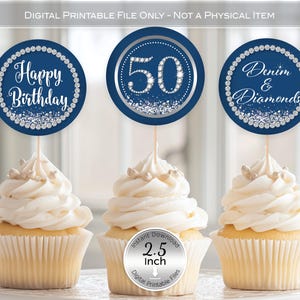 Round Cupcake Toppers | Denim and Diamonds | 50th Birthday | 2.5 inches | Silver Confetti | Non-Editable Digital INSTANT DOWNLOAD