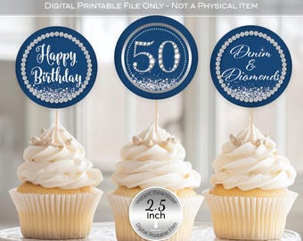 Round Cupcake Toppers | Denim and Diamonds | 50th Birthday | 2.5 inches | Silver Confetti | Non-Editable Digital INSTANT DOWNLOAD