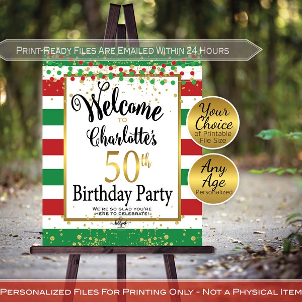 Birthday Welcome Sign Printable | Italian Theme Red Green White Stripes | Gold Confetti | Any Age | Personalized | DIGITAL PRINTABLE FILES