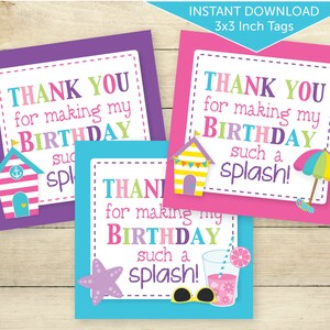 Party Favor Tags | Beach Bash or Pool Party | Splish Splash Thank You for Girl's Birthday | 3x3 Inches | Digital Printable INSTANT DOWNLOAD