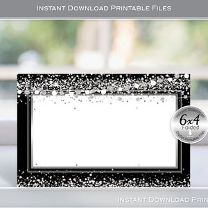 Menu Card | 6x4 Tent-Folding Printable | Silver Confetti on Black | Birthday | Anniversary | Wedding | Bridal | INSTANT Digital DOWNLOAD