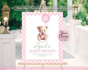 Girl's Beary First Birthday Welcome Sign: Pink Gingham, Teddy Bear (Printable Digital File)