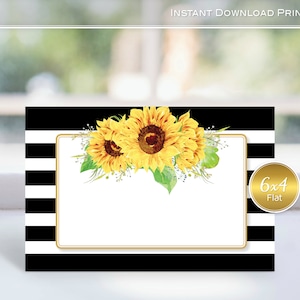 Menu Label Note Card Printable | 4x6 | Yellow Sunflowers | Black White Stripes | Birthday | Baby Shower | Wedding | INSTANT Digital DOWNLOAD