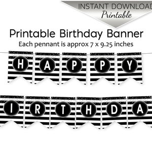 Happy Birthday Banner for Black Silver Birthday | Black White Stripes | Silver Confetti | Photo Prop | Digital Printable INSTANT DOWNLOAD