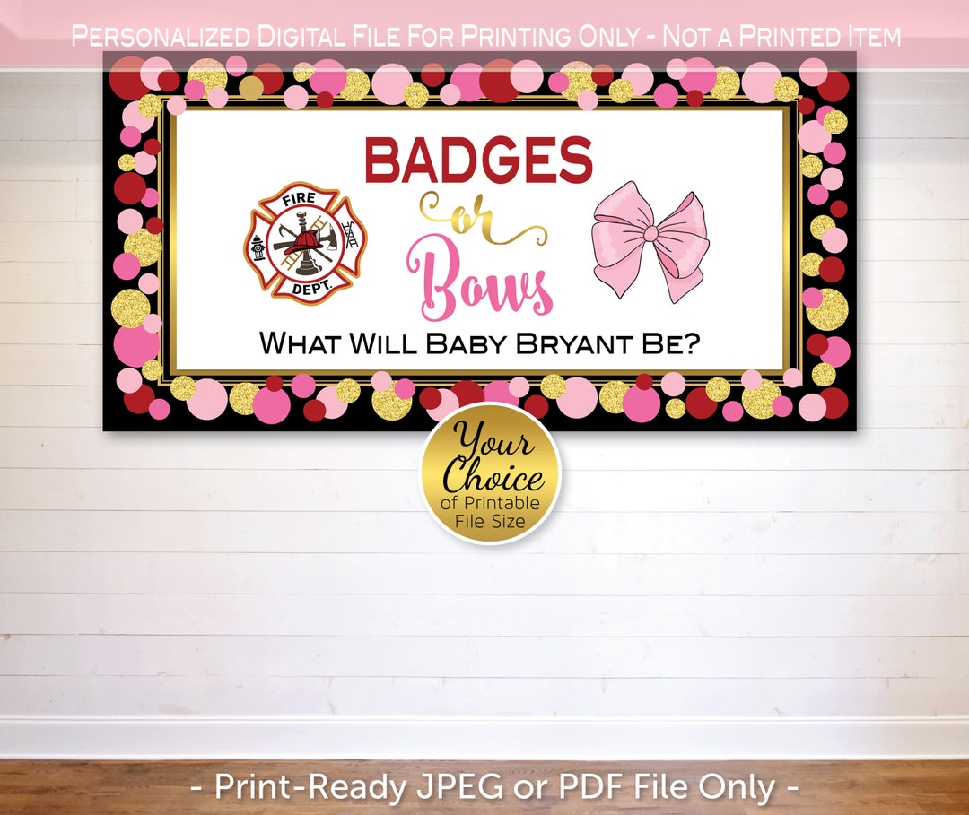 Badges or Bows Gender Reveal Backdrop With Red and Gold Firefighter ...