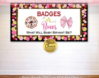 Badges or Bows Gender Reveal Backdrop with Red and Gold Firefighter Badge and Pink Bow | Dot Confetti | Personalized DIGITAL Printable File