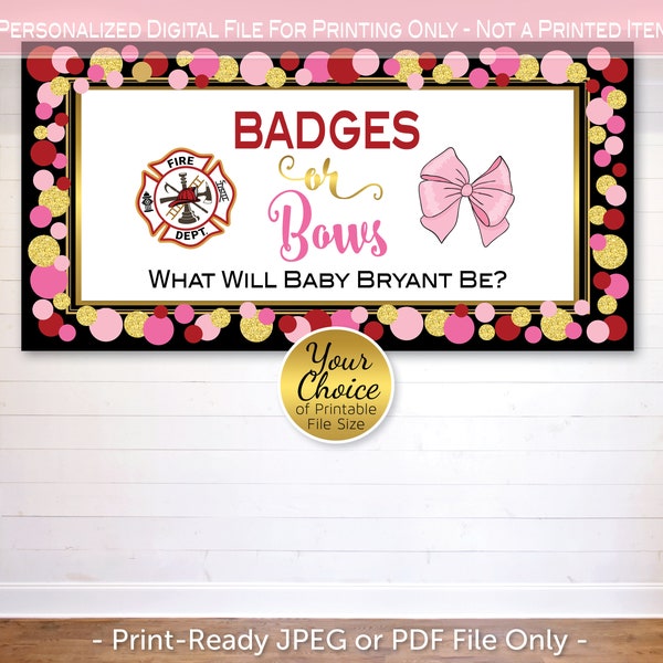 Badges or Bows Gender Reveal Backdrop with Red and Gold Firefighter Badge and Pink Bow | Dot Confetti | Personalized DIGITAL Printable File