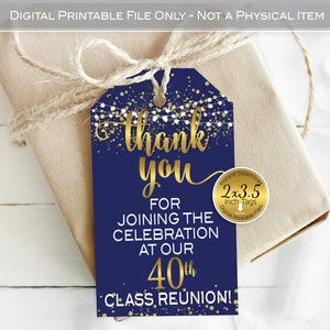 40th Class Reunion Thank You Favor Tags | 2x3.5 | Faux Gold Confetti Glitter and Garland on Navy | Mini Champagne | DIGITAL PRINTABLE FILES