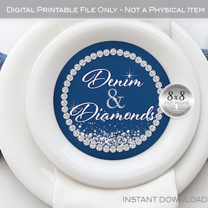 Round Charger Plate Insert Printable | Denim and Diamonds | 8-Inch Round | Silver Confetti | Birthday | Bridal | Digital INSTANT DOWNLOAD