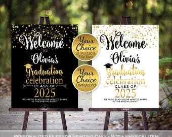 Graduation Celebration Party Personalized Welcome Sign Printable | Gold Confetti on White or Black | Class of 2025 | DIGITAL PRINTABLE FILES