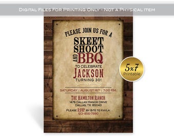 Skeet Shoot and BBQ Birthday Invitation | 5x7 | Rustic Faux Wood | Man&#39;s Sporting Hunting Birthday | Personalized | Digital PRINTABLE Files