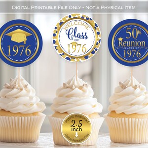 50th Reunion 2.5 Inch Cupcake Toppers | Class of 1976 | Royal Blue and Gold (Digital Download)