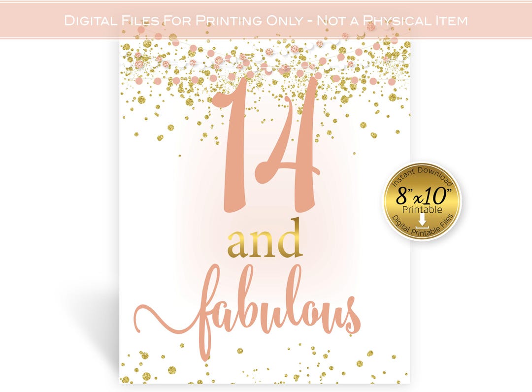 14th Birthday 8x10 Printable Sign: Rose Gold Wash, Gold Confetti ...