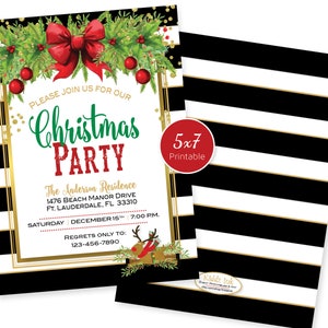Christmas or Holiday Party Invitation | Black White Stripes with Red Bow and Holiday Holly | 5x7 | Personalized | DIGITAL PRINTABLE Files