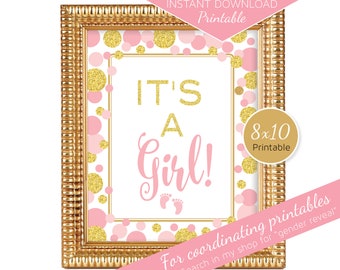 It's a Girl Printable 8x10 Table Sign | Gender Reveal | Baby Shower Decor | Baby Pinks and Faux Glittery Gold | INSTANT DIGITAL DOWNLOAD