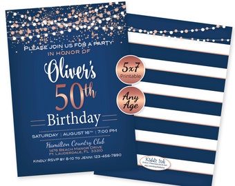 Birthday Invitation | 40th 50th 60th 70th or Any Age | Personalized | Rose Gold Confetti | Garland on Navy | 5x7 | DIGITAL PRINTABLE FILES