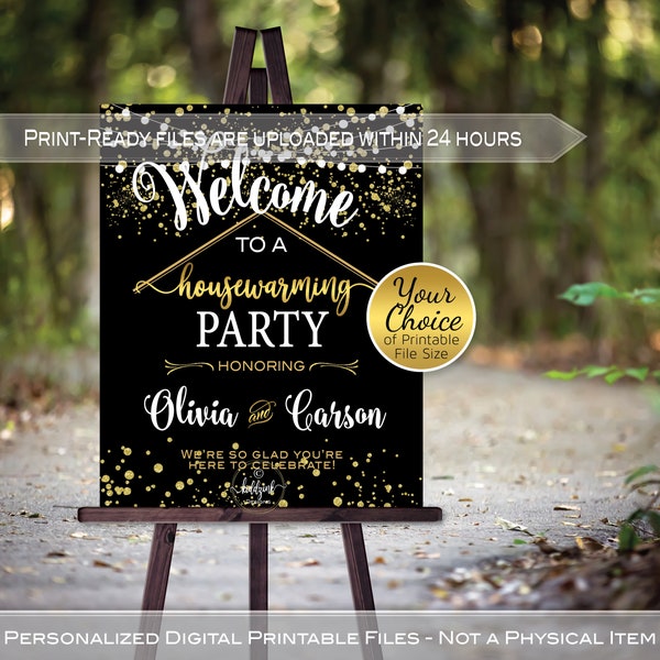 Housewarming Party Welcome Sign Printable | Garland Lights and Faux Gold Confetti on Black | Personalized | PRINTABLE FILE