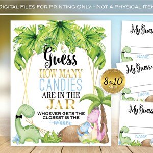Candy Guessing Game Dinosaur Theme Baby Shower 8x10 Table Sign | 3x3 Cards | Hatching Baby Dinosaur | Gold | DIGITAL INSTANT DOWNLOAD