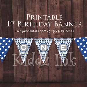ONE Birthday Banner for 1st Birthday | Highchair Banner | Navy Gray | Cake Smash | Photo Prop | Digital File for Printing | INSTANT DOWNLOAD