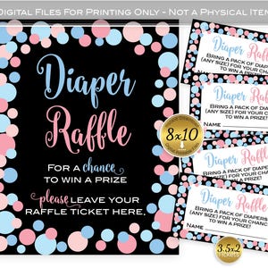 Diaper Raffle 8x10 Sign and 3.5x2 Tickets | Gender Reveal | Baby Shower | Pink and Blue Dots on Black | DIGITAL INSTANT DOWNLOAD