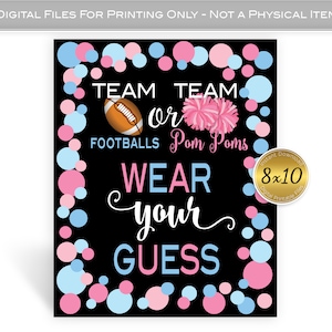 Team Footballs or Team Pom Poms Gender Reveal Wear Your Guess 8x10 Table Sign Printable | Blue and Pink | INSTANT DIGITAL DOWNLOAD