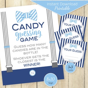 Candy Guessing Game Baby Shower Printables 8x10 Table Sign | 3x3 Cards | Little Man Baby Blue Navy Gray | Bow Tie | DIGITAL INSTANT DOWNLOAD