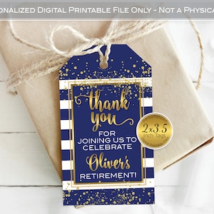 Thank You Favor Tags for Retirement Celebration | Personalized | 2x3.5 | Navy White Stripes | Gold Confetti | DIGITAL PRINTABLE FILES