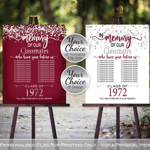 In Memory of Classmates Class Reunion Any Year Personalized Sign Printable File | Garnet Maroon and Silver | DIGITAL PRINTABLE FILES