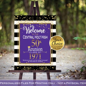 Class Reunion Personalized Welcome Sign Printable | Purple on Black White Stripes | Gold Confetti | Any Year | DIGITAL PRINTABLE FILES