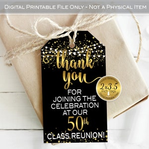 May include: A black tag with gold text that reads "thank you" and "for joining the celebration at our 50th class reunion!" The tag is 5.08 x 8.89 cm. The tag is on a gift wrapped in brown paper.