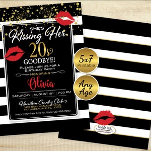 Woman&#39;s Birthday Invitation | Kissing 20s or any Decade Goodbye | Personalized | Black White Stripes with Red | DIGITAL PRINTABLE FILES