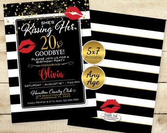 Woman&#39;s Birthday Invitation | Kissing 20s or any Decade Goodbye | Personalized | Black White Stripes with Red | DIGITAL PRINTABLE FILES