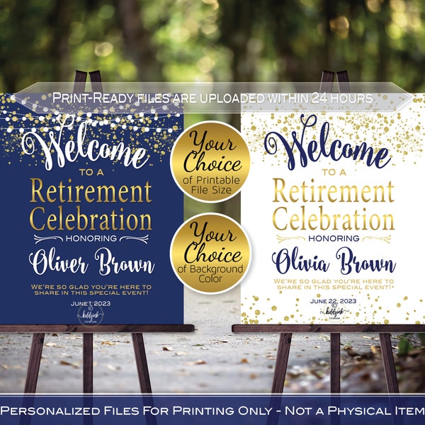 Retirement Celebration Party Welcome Sign Printable | Garland Lights | Gold Confetti on Navy or White | Personalized DIGITAL PRINTABLE FILE