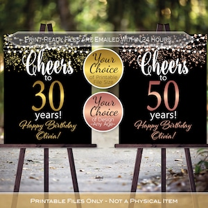 Cheers to 30 40 50 60 70 80 or Any Years Birthday Personalized Welcome Sign Printable | Gold or Rose Gold on Black | DIGITAL PRINTABLE FILES
