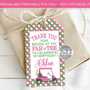 Golf Birthday Favor Tags | Par-Tee Thank You Tags | Personalized | 2x3.5 Inches | Golf Theme | Pink and Green | DIGITAL PRINTABLE FILES