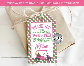 Golf Birthday Favor Tags | Par-Tee Thank You Tags | Personalized | 2x3.5 Inches | Golf Theme | Pink and Green | DIGITAL PRINTABLE FILES