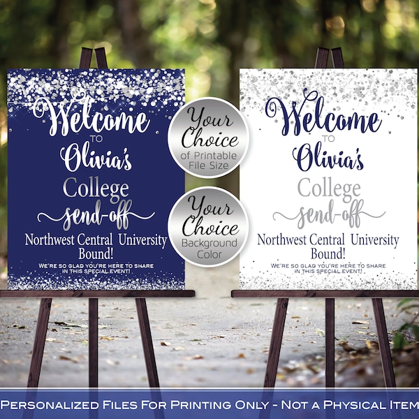 College Send Off Party Personalized Welcome Sign Printable | Silver Confetti on Navy Blue or White | DIGITAL PRINTABLE FILES