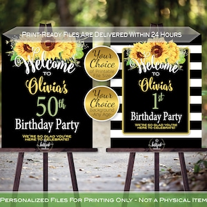 Sunflower Birthday Welcome Sign | Black and White Stripes or Black Background | Yellow and Green | Personalized | PRINTABLE DIGITAL File