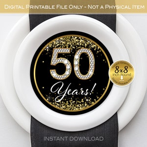 Round Plate Charger Insert | Diamonds on Black | Gold Confetti | 8-Inch Round | 50th Birthday or Anniversary | DIGITAL INSTANT DOWNLOAD