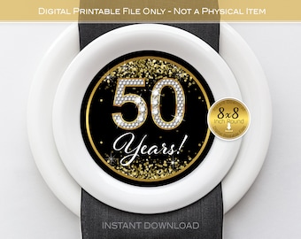 Round Plate Charger Insert | Diamonds on Black | Gold Confetti | 8-Inch Round | 50th Birthday or Anniversary | DIGITAL INSTANT DOWNLOAD