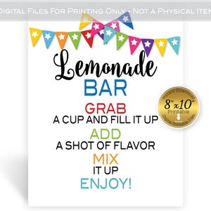 Lemonade Bar Instructions Table Sign 8x10 Printable | Birthday | Graduation | Aqua Green Red Orange Blue on White | Digital INSTANT DOWNLOAD