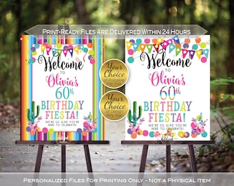 Fiesta Birthday Welcome Sign: Pink Purple Aqua Orange with Mexican Serape (Personalized Digital Files)