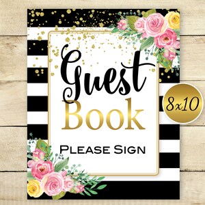 Guest Book 8x10 Sign | Black White Stripes with Pink Corner Flowers | Birthday | Wedding | Bridal | PRINTABLE DIGITAL DOWNLOAD