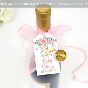 Pop and Cheer Baby Arrival Personalized Baby Shower Tags | 2x3.5 | Pink Blush Gold | Pink Floral | Mini Champagne | DIGITAL PRINTABLE FILES