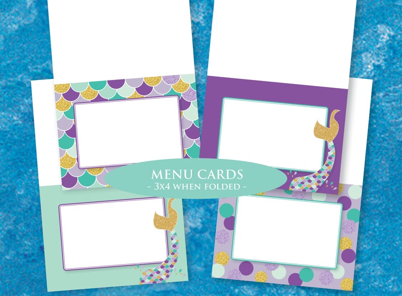 3 x 4 when Folded Digital INSTANT DOWNLOAD PDF File Purple Mint Gold Printable Mermaid Menu Table Cards Set of 4 Designs