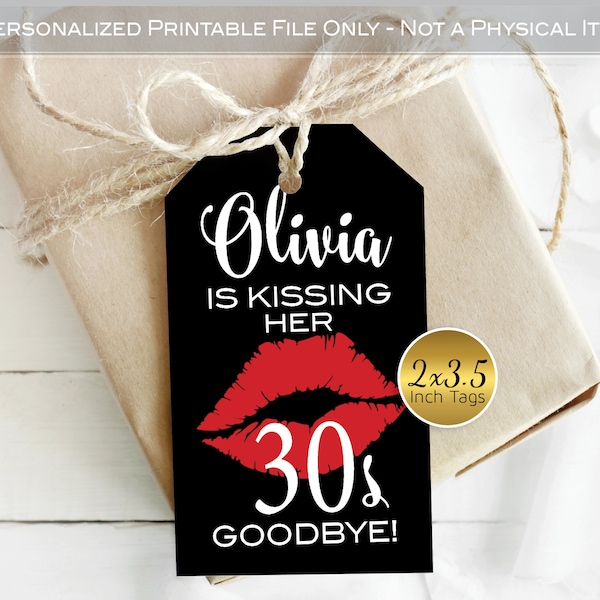 Kissing Her 20s 30s 40s 50s 60s 70s or 80s Goodbye Personalized Favor Tags for Birthday | 2x3.5 | Red Lips on Black | DIGITAL PRINTABLE FILE