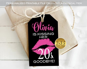 Kissing Her 20s 30s 40s 50s 60s 70s or 80s Goodbye Personalized Birthday Favor Tags | 2x3.5 | Pink Lips on Black | DIGITAL PRINTABLE FILE