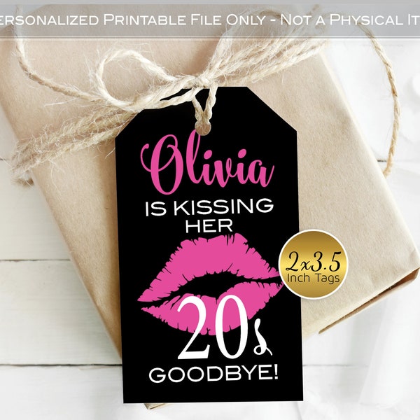 Kissing Her 20s 30s 40s 50s 60s 70s or 80s Goodbye Personalized Birthday Favor Tags | 2x3.5 | Pink Lips on Black | DIGITAL PRINTABLE FILE